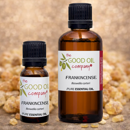 Frankincense essential oil in 10 ml and 50 ml amber bottles
