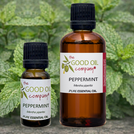Peppermint Essential Oil in 10 ml and 50 ml amber bottles