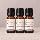 Evening Balance Essential Oil Trio with three 10ml bottles of Lavender, Sweet Marjoram and Frankincense on a neutral linen background.