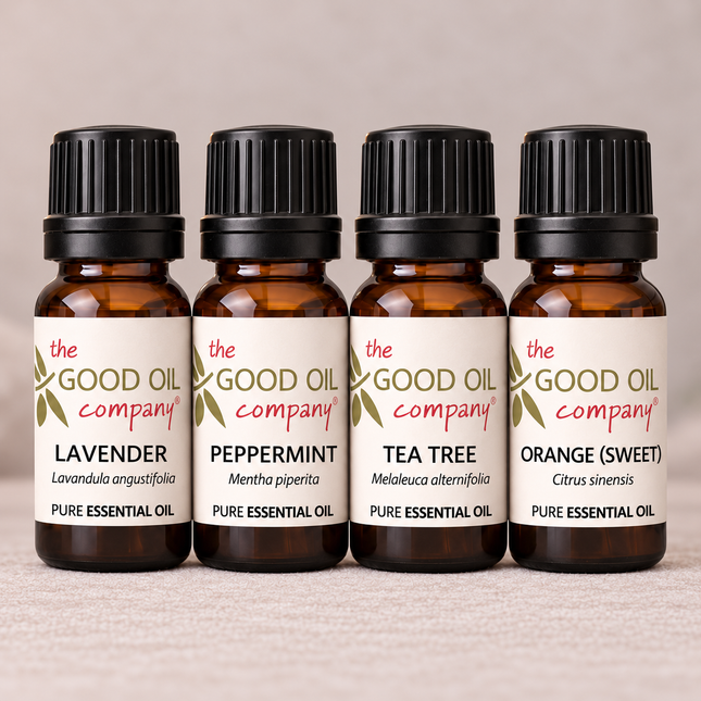 Everyday Essentials Starter Kit with four 10ml bottles of Lavender, Peppermint, Tea Tree and Sweet Orange essential oils.