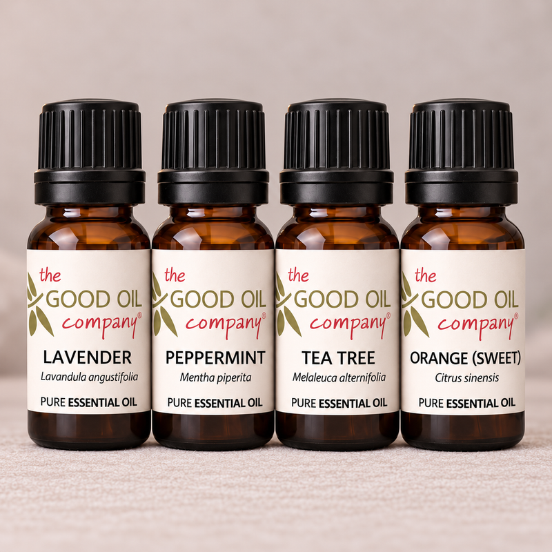 Everyday Essentials Starter Kit with four 10ml bottles of Lavender, Peppermint, Tea Tree and Sweet Orange essential oils.
